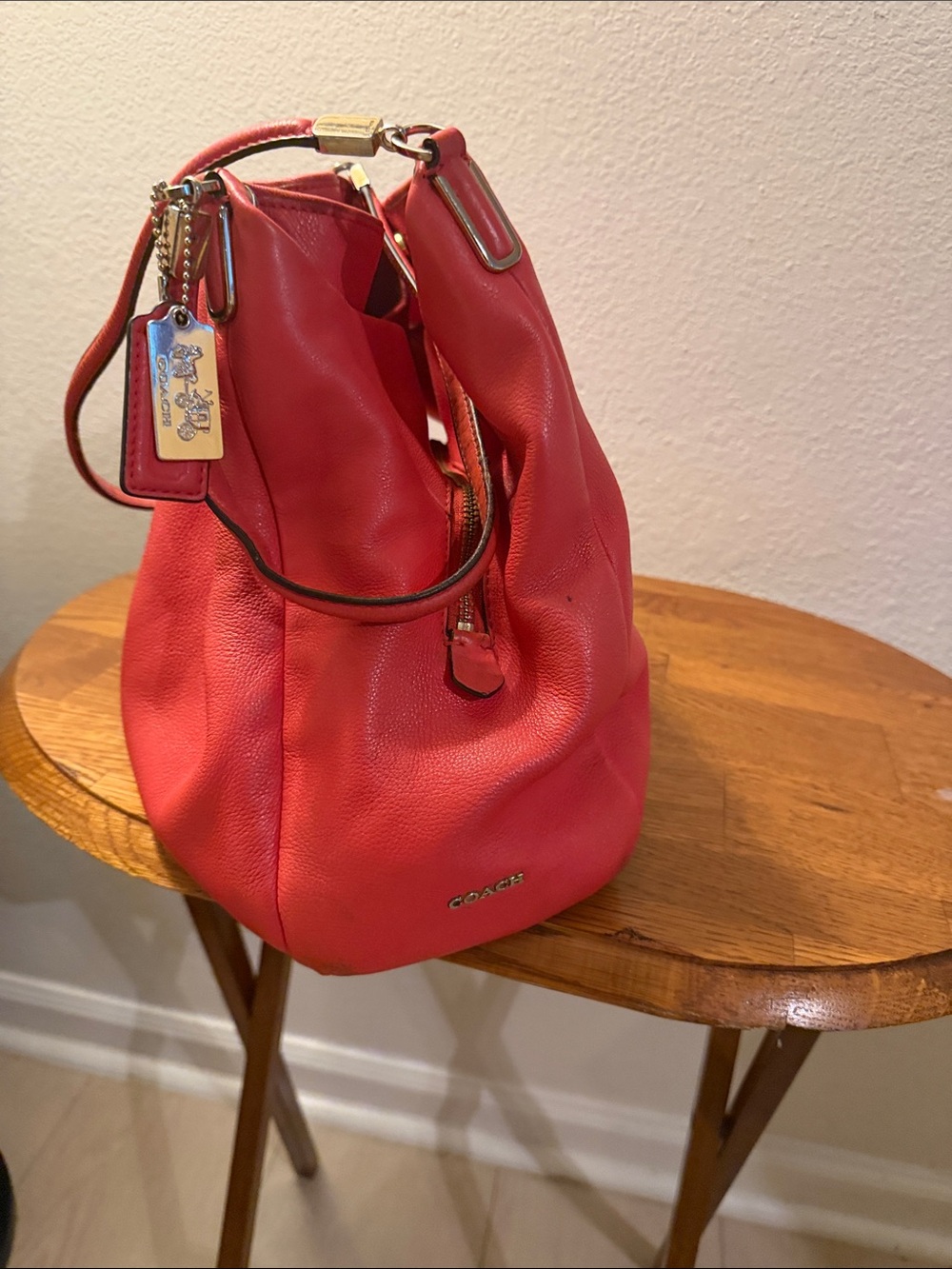 Coach Coral Red Pebbled Leather Hobo with Gold Hardware
